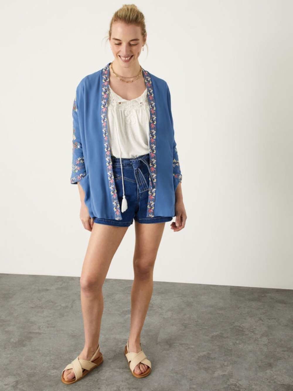 NWT Monsoon Hermione embroidered floral kimono sz M viscose pocket blue $130